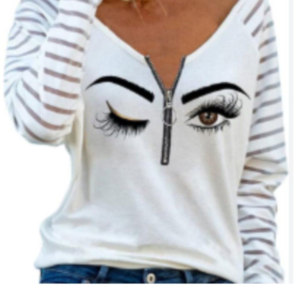 Plus Size Beige Striped With White and Black Graphic Women's Top - Size 2X